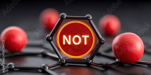 Molecular structure featuring hexagonal shape with glowing NOT symbol at its center, surrounded by red spheres representing atoms. image conveys sense of caution or negation in scientific context