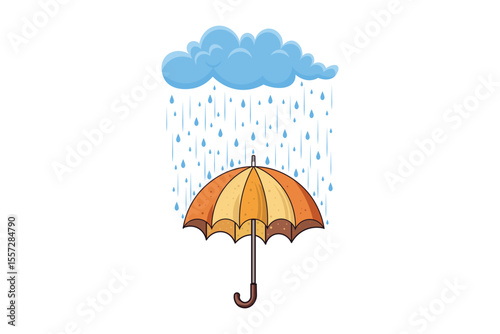 Pastel umbrella under falling rain drops, cartoon vector flat design, seamless background for kids art, nursery graphics, seasonal decoration, and weather-themed visuals
