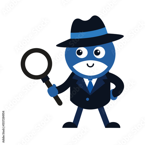 Blue cartoon detective mascot holding magnifying glass