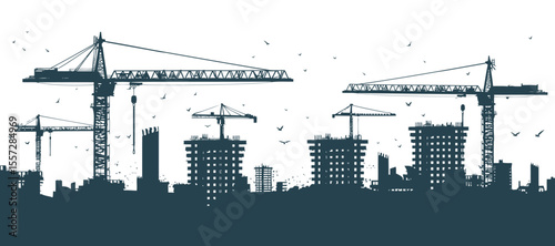 Construction crane and city skyline silhouette with tower crane Vector