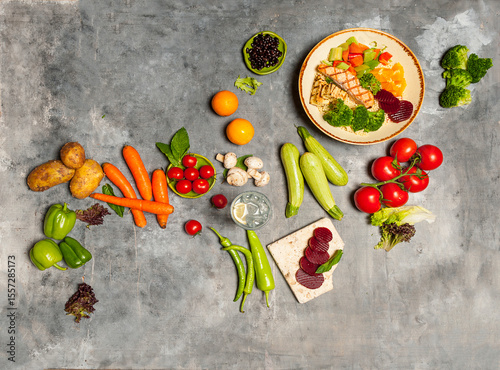 Top view photo of a selection of healthy food items and a plate with salmon and vegetables