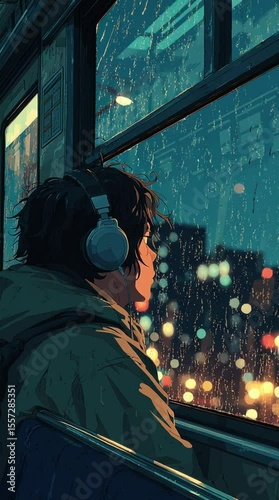 Lofi Anime Boy Riding Train at Night with Headphones Looking Out Rainy Window at City Lights with Cinematic Reflection