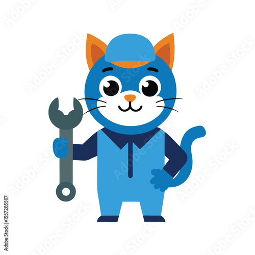 Blue cat mechanic wearing overalls and cap holding wrench