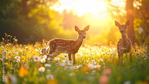 Two Spotted Fawns Standing Amidst Wildflowers and Sunlight in a Lush Green Meadow
