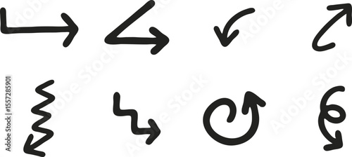 Bold Hand Drawn Arrow Icons – Doodle Style Direction Symbols with Curves and Zigzags.