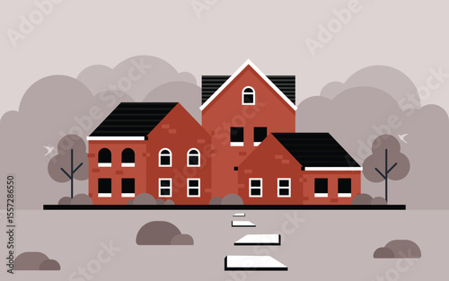 Flat vector illustration of village red brick houses, set in a calm and muted environment with minimal trees, bushes, and a cloudy sky in grayscale tones