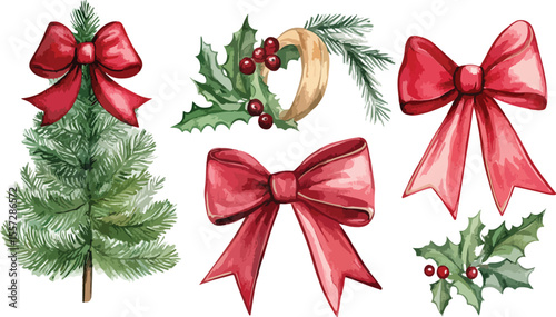 Watercolor Christmas Decorations with Tree Bows Holly and Wreath on White