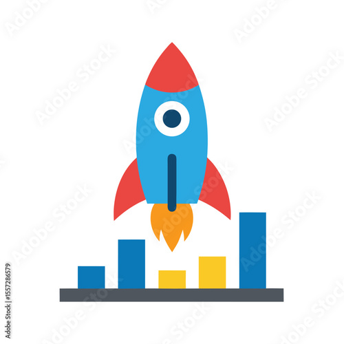 Blue rocket launching over bar chart growth vector
