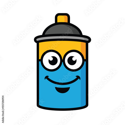Blue spray can with happy face mascot on white aerosol can