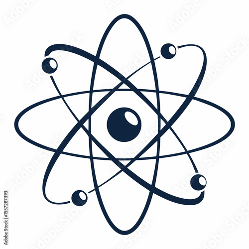 Dark blue atom symbol with orbiting electrons atomic