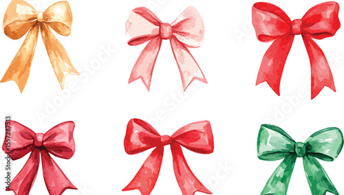 Watercolor Bow Collection in Various Colors Isolated on White Background