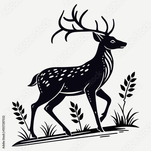 A striking black and white illustration of a deer with large antlers, walking through grass, in a stylized design.