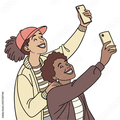 Friends capturing moment with phones selfie technology