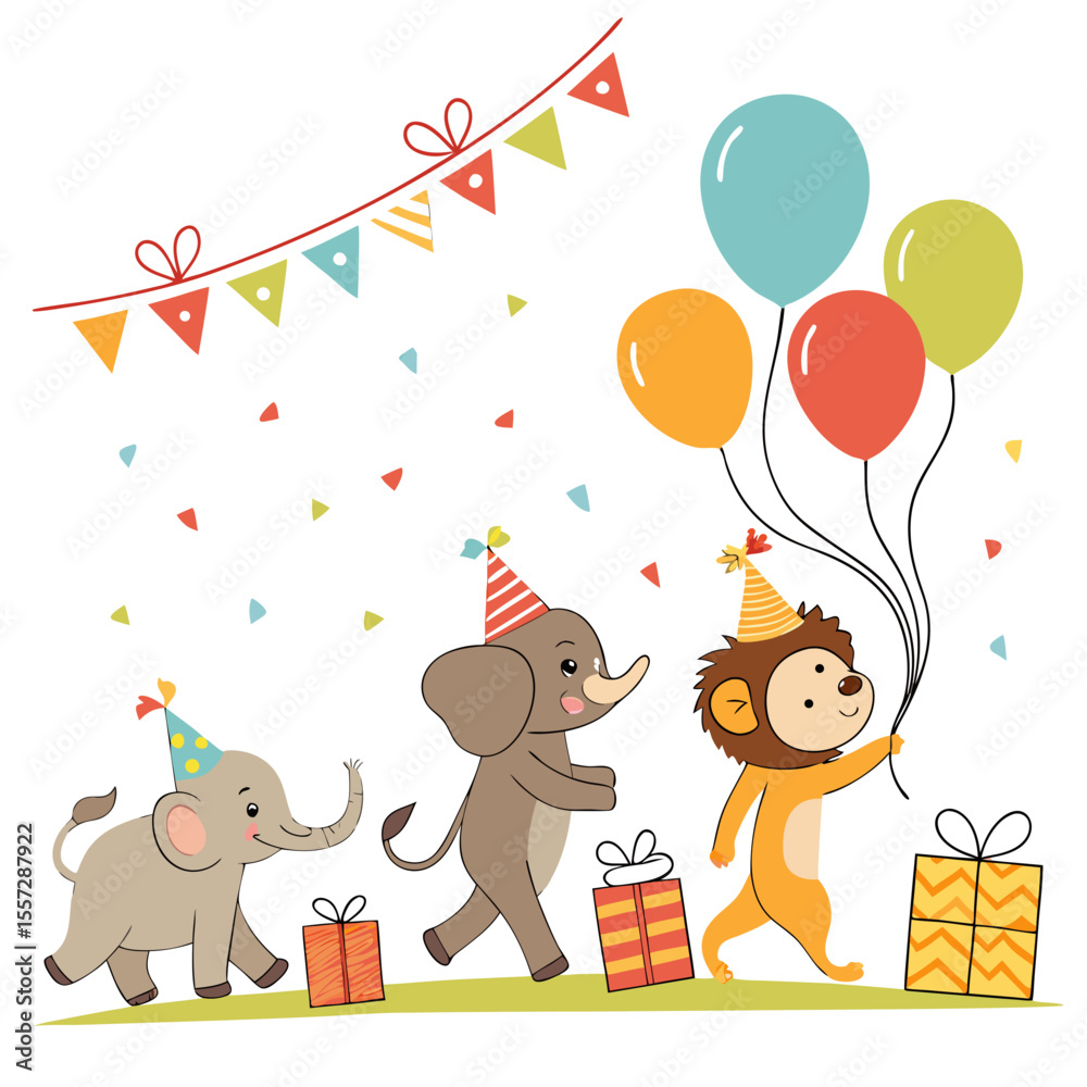 Obraz premium Lion elephant parade with balloons and gifts birthday