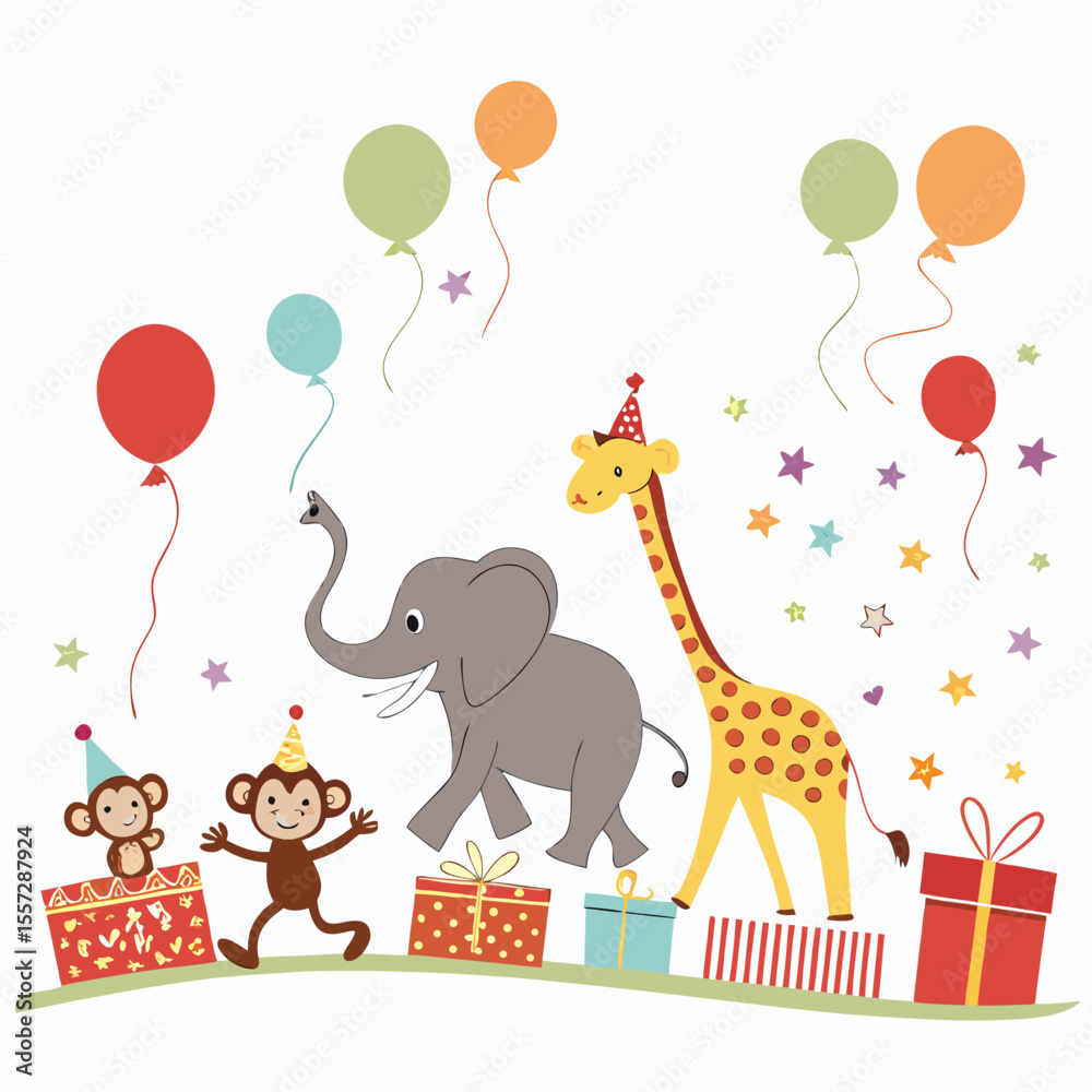 Obraz premium Happy animals celebrating with balloons and presents