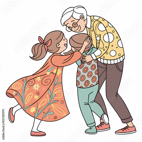 Grandparents hugging grandchildren joyful reunion family
