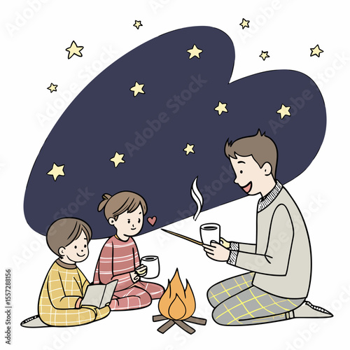 Father telling story to children by campfire under stars