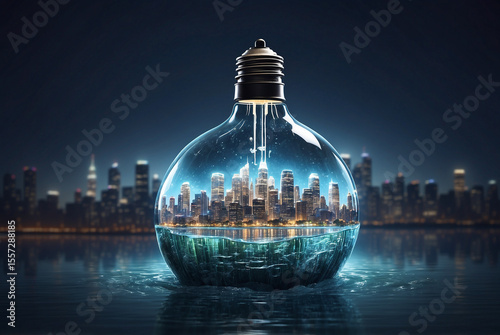 Submerged City Skyline Encapsulated Inside a Lightbulb