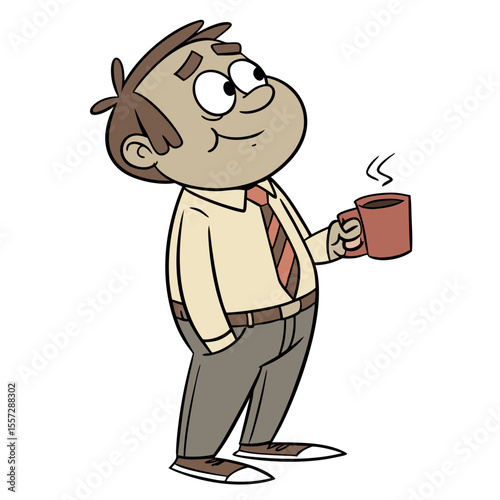 Cheerful man holding warm coffee mug cartoon