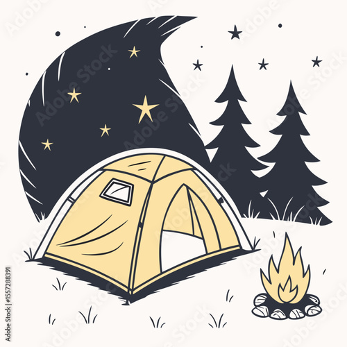 Yellow tent campfire under starry night sky camping