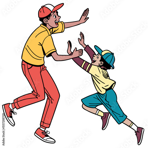 Boys playing chase high five children chasing
