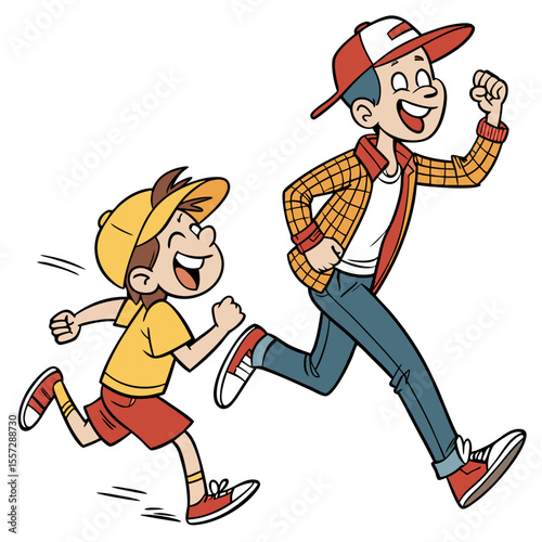 Cheerful brothers running together in comic style boys