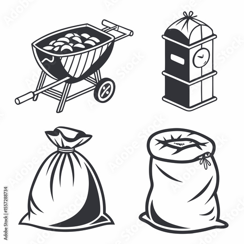 Barbecue grill charcoal bags and trash bin icons vector