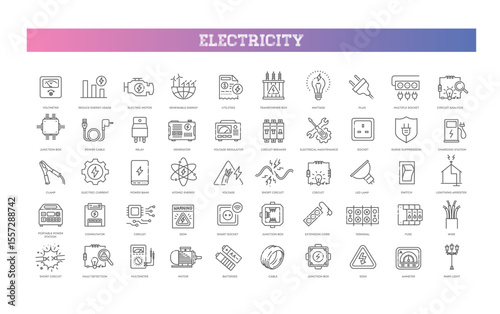 Electricity icons. Power outline flat icons