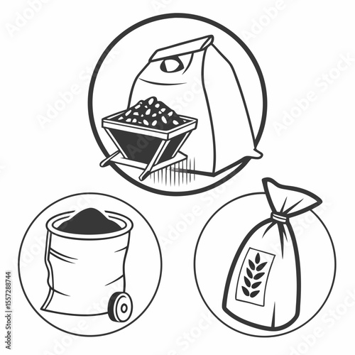 Grain sacks and wheelbarrow icons bags wheat