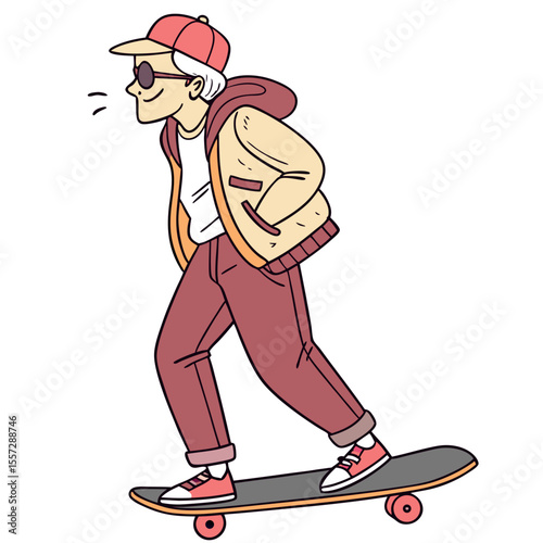 Cool grandpa skateboarding in comic style casual