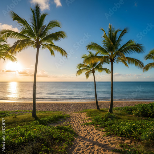 Serene tropical beach at sunrise with palm trees lining a sandy path leading to the ocean