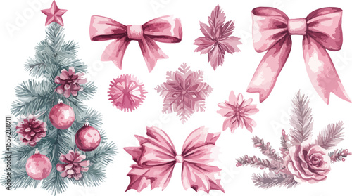 Watercolor Christmas Decoration Set with Tree Bows and Snowflakes