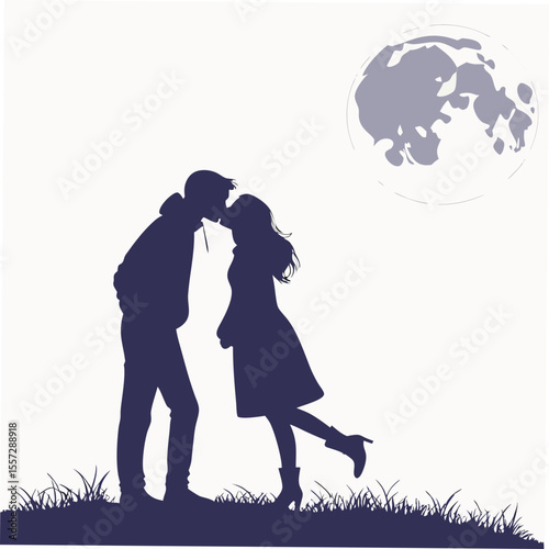 Couple kissing under moon silhouette night