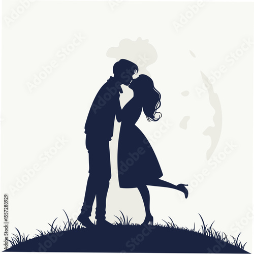 Couple kissing under moon silhouette night