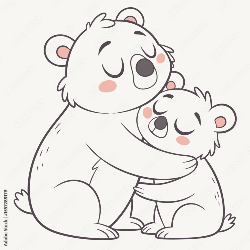 Fototapeta premium Two white bears hugging with closed eyes cubs cuddling