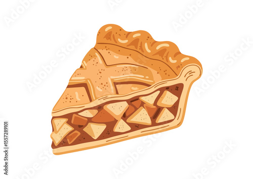 Slice of apple pie with golden crust and visible filling 