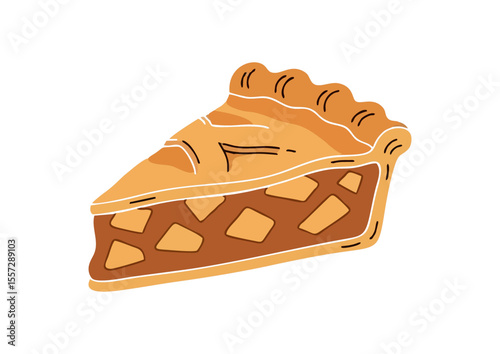Slice of apple pie with golden crust and visible filling 