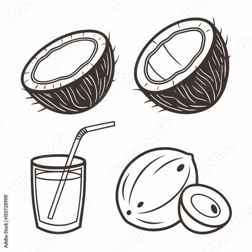Coconut drink and whole coconuts glass straw