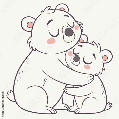 Two white bears hugging with closed eyes cubs cuddling