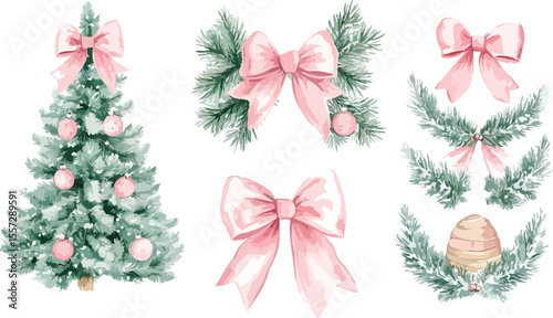 Watercolor Christmas Tree and Bows for Holiday Decoration Elements
