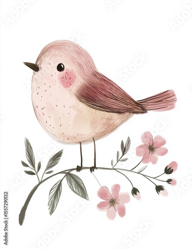 Cute watercolor-style bird illustration sitting on a flowering branch. Hand-drawn in soft pastel tones with pink and brown shades. Perfect for nursery decor, greeting cards, spring themes,