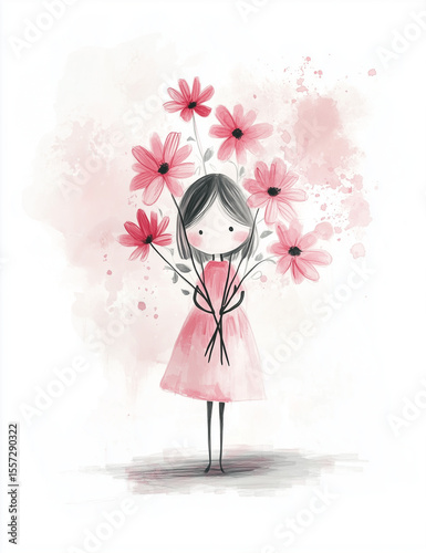 A cute hand-drawn illustration of a girl in a pink dress holding large pink flowers. Watercolor style with soft brush textures and splatter effects. Whimsical and childlike artwork.