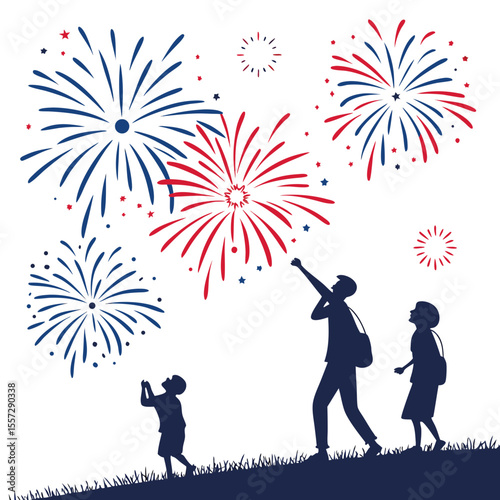 Family watching fireworks display celebration children