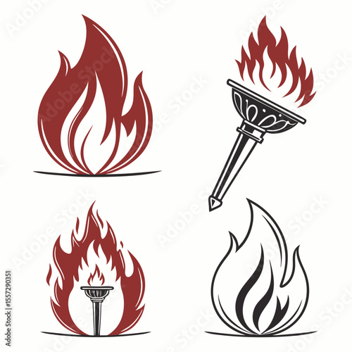 Fire torch and flame icons symbol heat