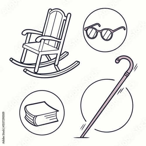 Rocking chair glasses cane book vintage