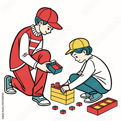 Boys building with colorful blocks siblings playing