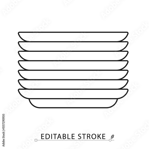 A stack of plates icon in minimalist style with editable stroke. Kitchen tableware, dish set, organized dishes, serving items, household object, ceramic cookware, outline drawing
