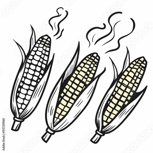 Three steaming corn cobs kernels husks