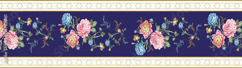 Dark blue background with delicately shaded flowers creates an antique, nostalgic charm perfect for traditional interiors.