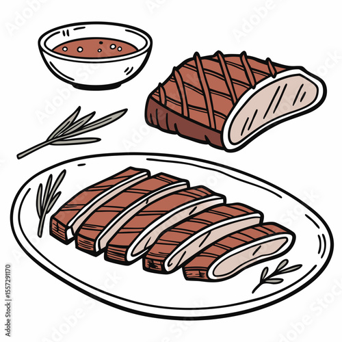 Sliced grilled meat with rosemary and dipping sauce